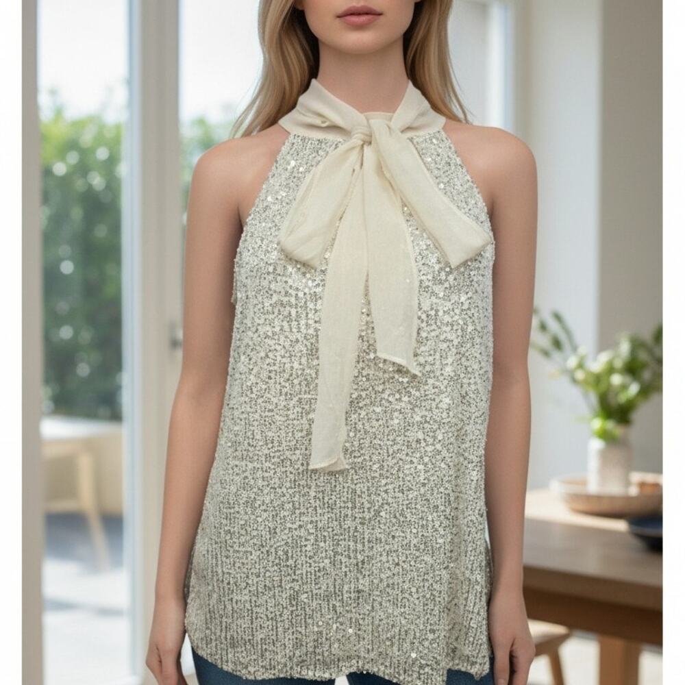 NWT Calvin Klein Sequin Top Blouse Size M Sleeveless Tie Front Halter neck Cream